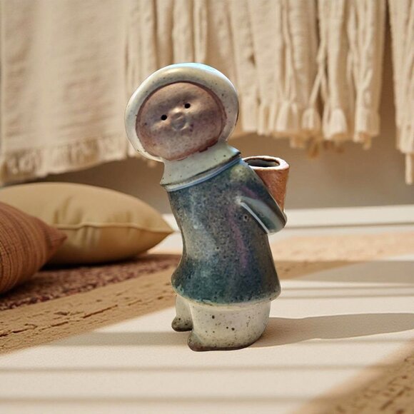 Vintage Japan Ceramic Child Vase Mid Century Figurine with Basket Whimsical Kawa - Picture 6 of 9